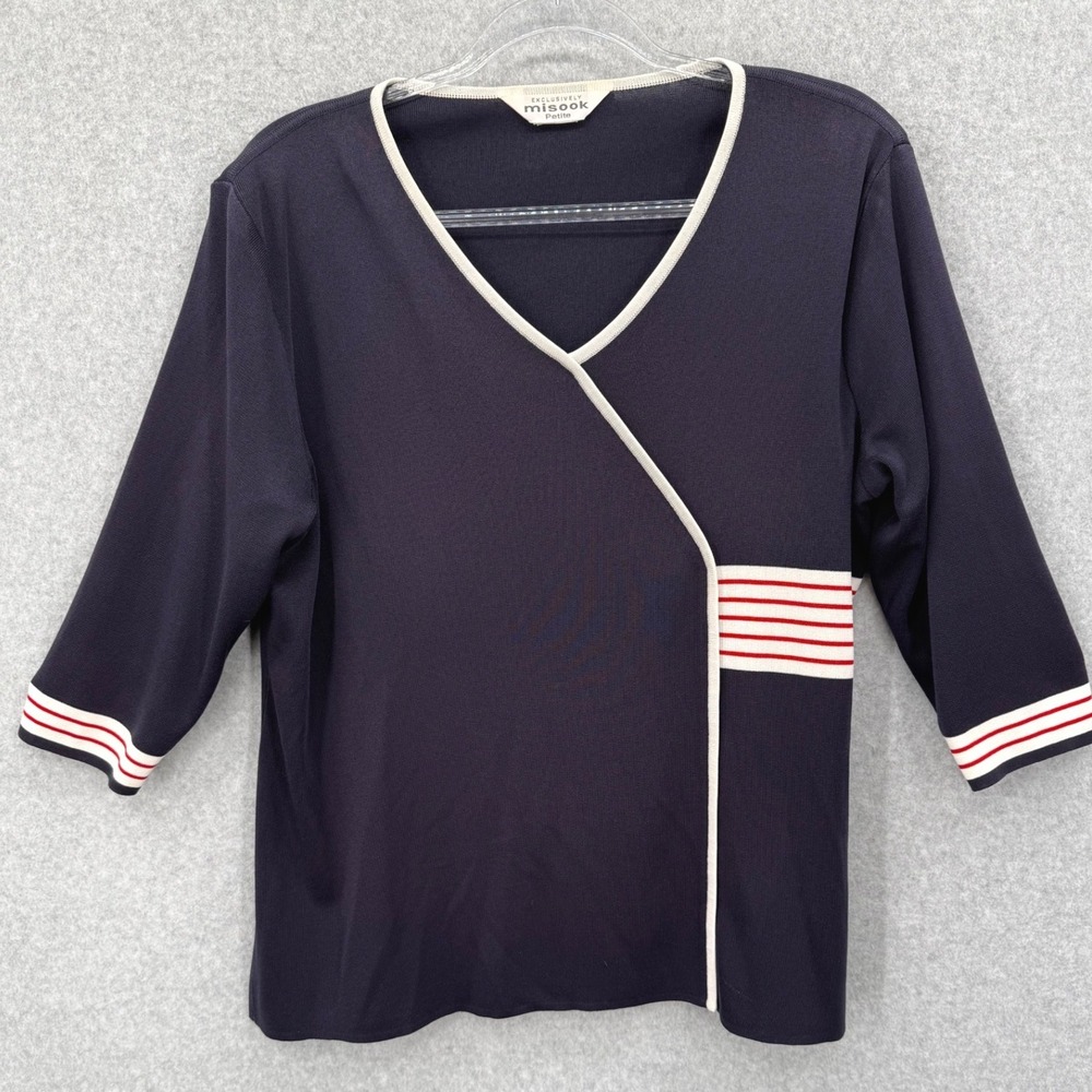 Misook Knit Top Womens XL Blue Nautical Striped V-Neck 3/4 Sleeve Acrylic